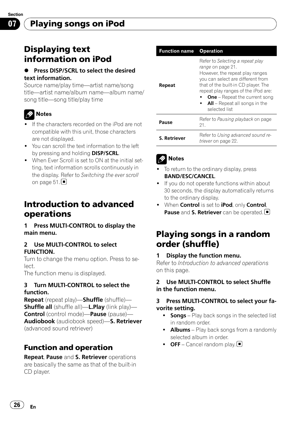 Displaying text information on ipod, Introduction to advanced operations, Function and operation 26 | Playing songs in a random order, Shuffle), Playing songs in a random order (shuffle), Playing songs on ipod, Function and operation | Pioneer DEH-P7100BT User Manual | Page 26 / 69