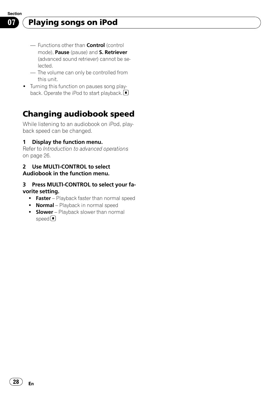 Changing audiobook speed, Playing songs on ipod | Pioneer DEH-P7100BT User Manual | Page 28 / 69