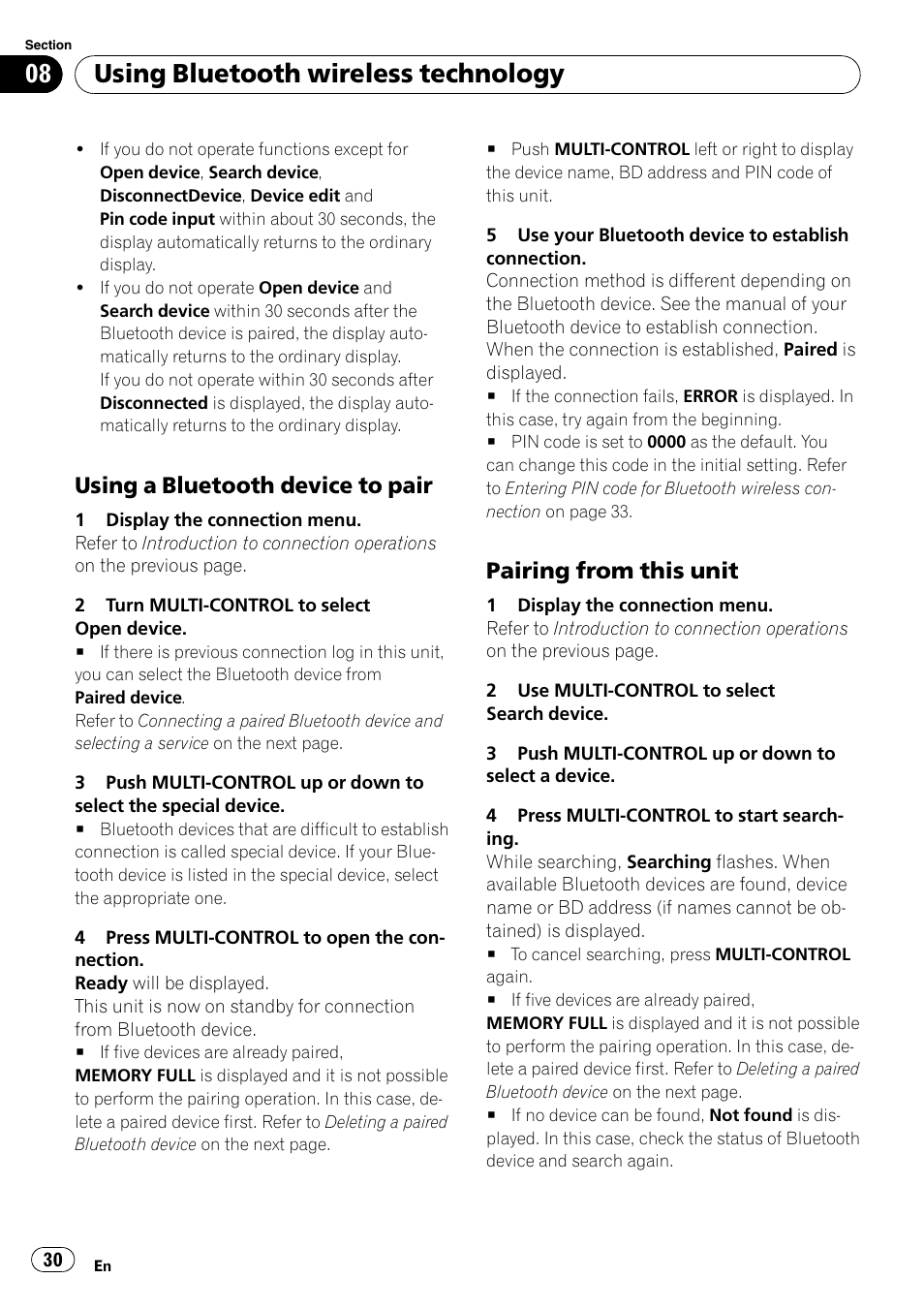 Using a bluetooth device to pair 30, Pairing from this unit 30, Using a bluetooth device to pair on the next | Using bluetooth wireless technology, Using a bluetooth device to pair, Pairing from this unit | Pioneer DEH-P7100BT User Manual | Page 30 / 69