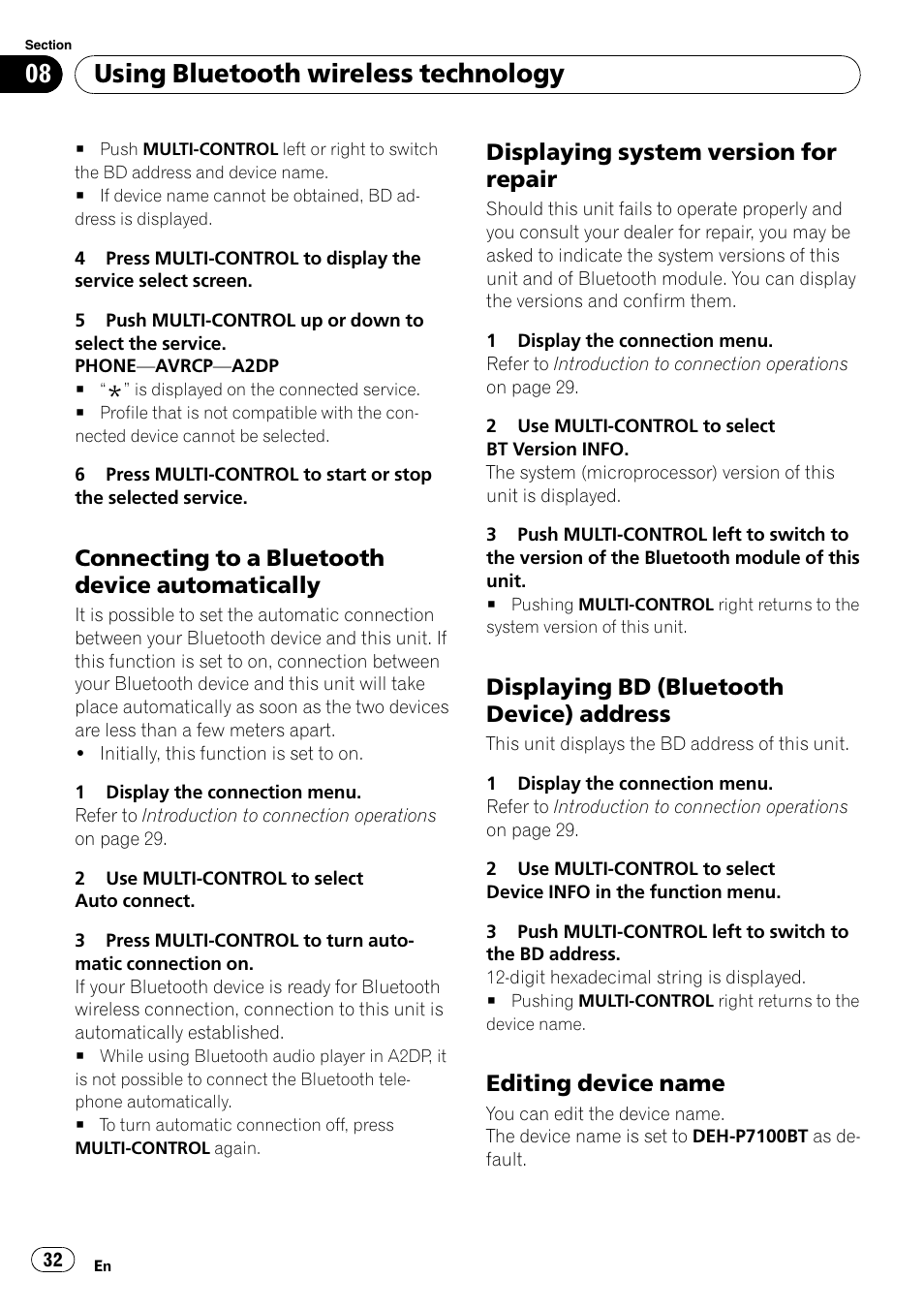 Connecting to a bluetooth device, Automatically, Displaying system version for | Repair, Displaying bd (bluetooth device), Address, Editing device name 32, Connecting to a bluetooth device automati, Displaying bd (bluetooth device) address, Using bluetooth wireless technology | Pioneer DEH-P7100BT User Manual | Page 32 / 69