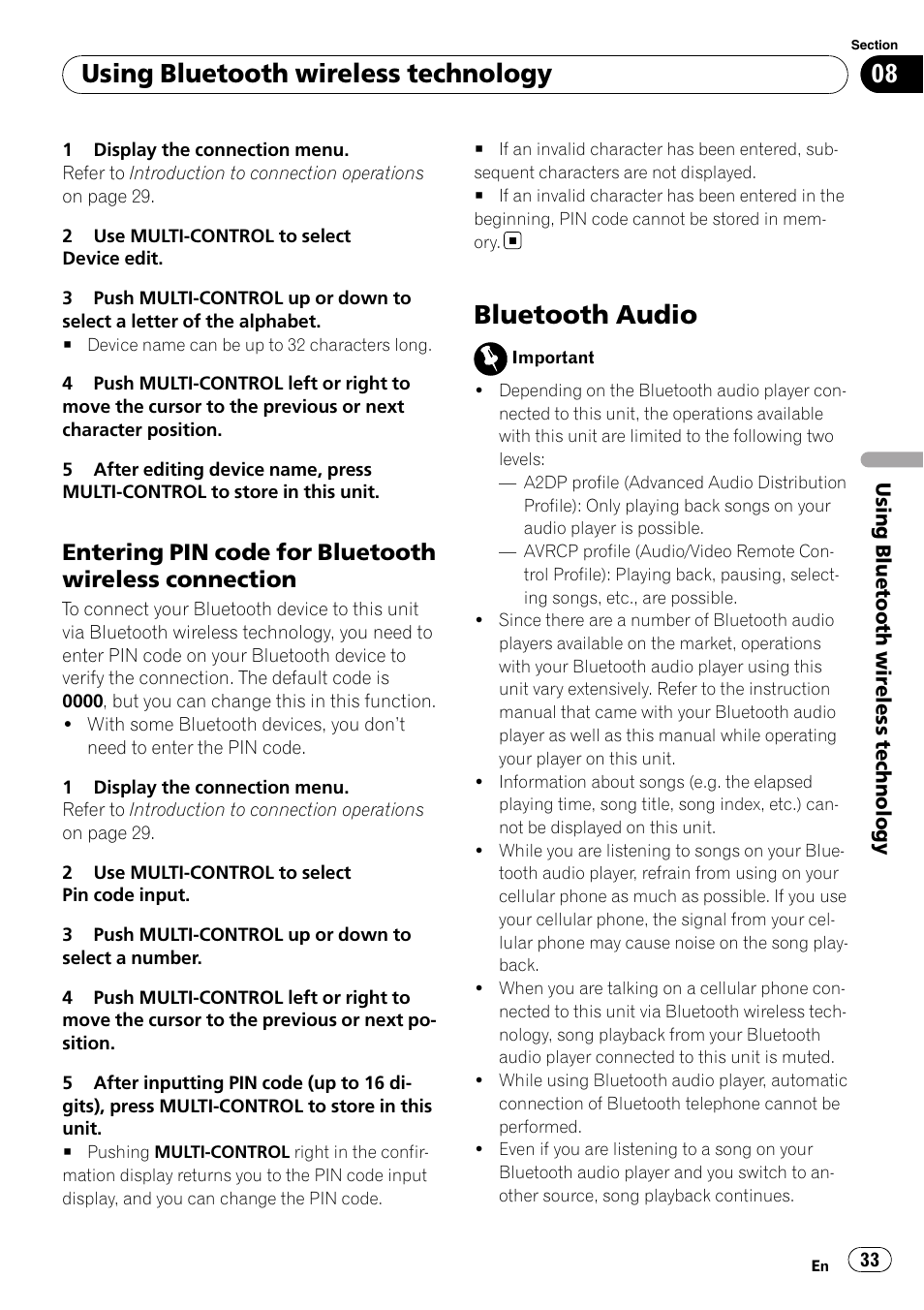 Entering pin code for bluetooth, Wireless connection, Bluetooth audio | Entering pin code for bluetooth wireless, Using bluetooth wireless technology | Pioneer DEH-P7100BT User Manual | Page 33 / 69