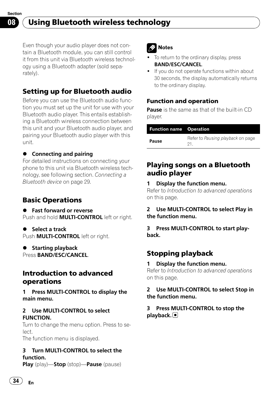 Setting up for bluetooth audio 34, Basic operations 34, Introduction to advanced | Operations, Playing songs on a bluetooth audio, Player, Stopping playback 34, Using bluetooth wireless technology, Setting up for bluetooth audio, Basic operations | Pioneer DEH-P7100BT User Manual | Page 34 / 69