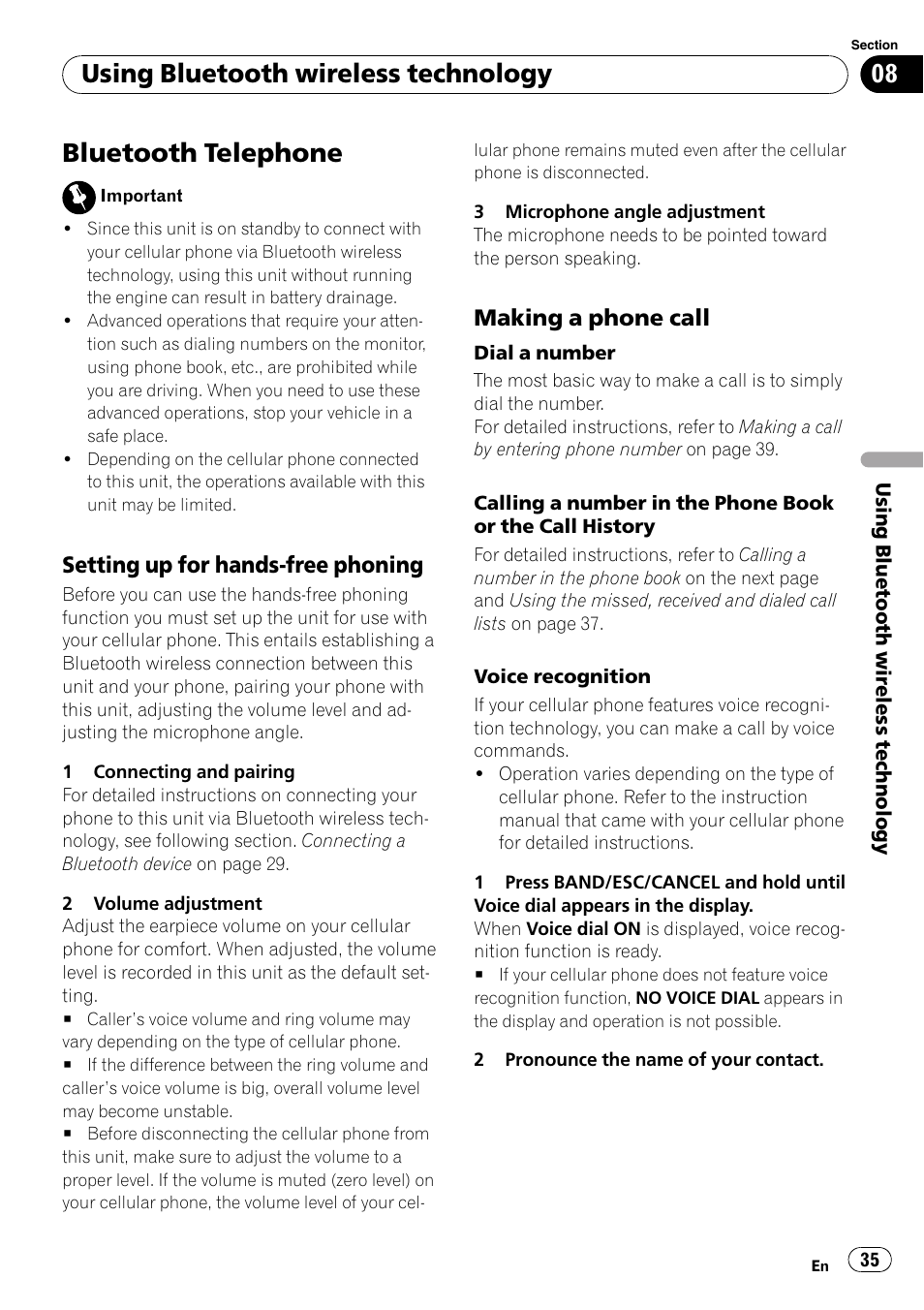 Bluetooth telephone, Setting up for hands-free phoning 35, Making a phone call 35 | Using bluetooth wireless technology, Setting up for hands-free phoning, Making a phone call | Pioneer DEH-P7100BT User Manual | Page 35 / 69