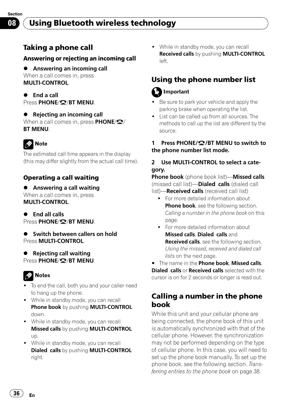 Taking a phone call 36, Using the phone number list 36, Calling a number in the phone | Book, Using bluetooth wireless technology, Taking a phone call, Using the phone number list, Calling a number in the phone book | Pioneer DEH-P7100BT User Manual | Page 36 / 69