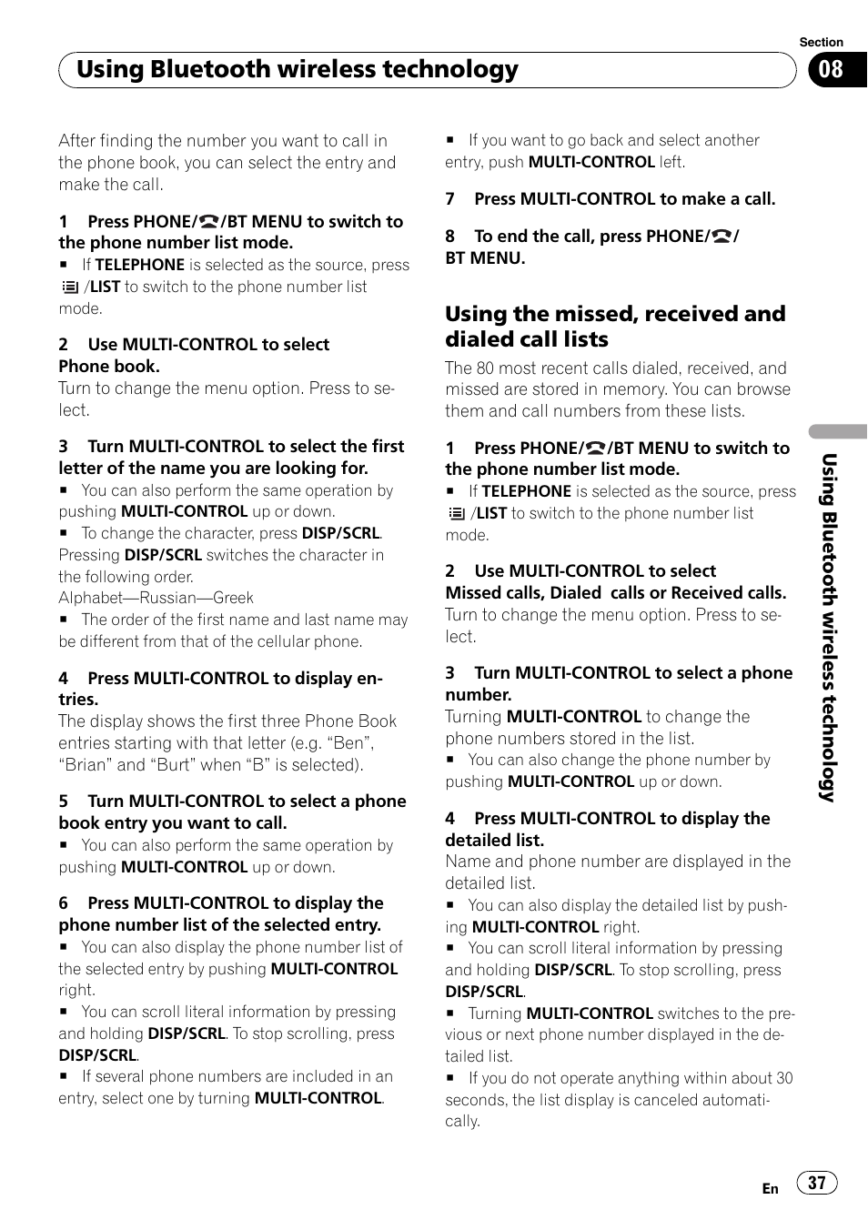 Using the missed, received and dialed, Call lists, Using bluetooth wireless technology | Using the missed, received and dialed call lists | Pioneer DEH-P7100BT User Manual | Page 37 / 69