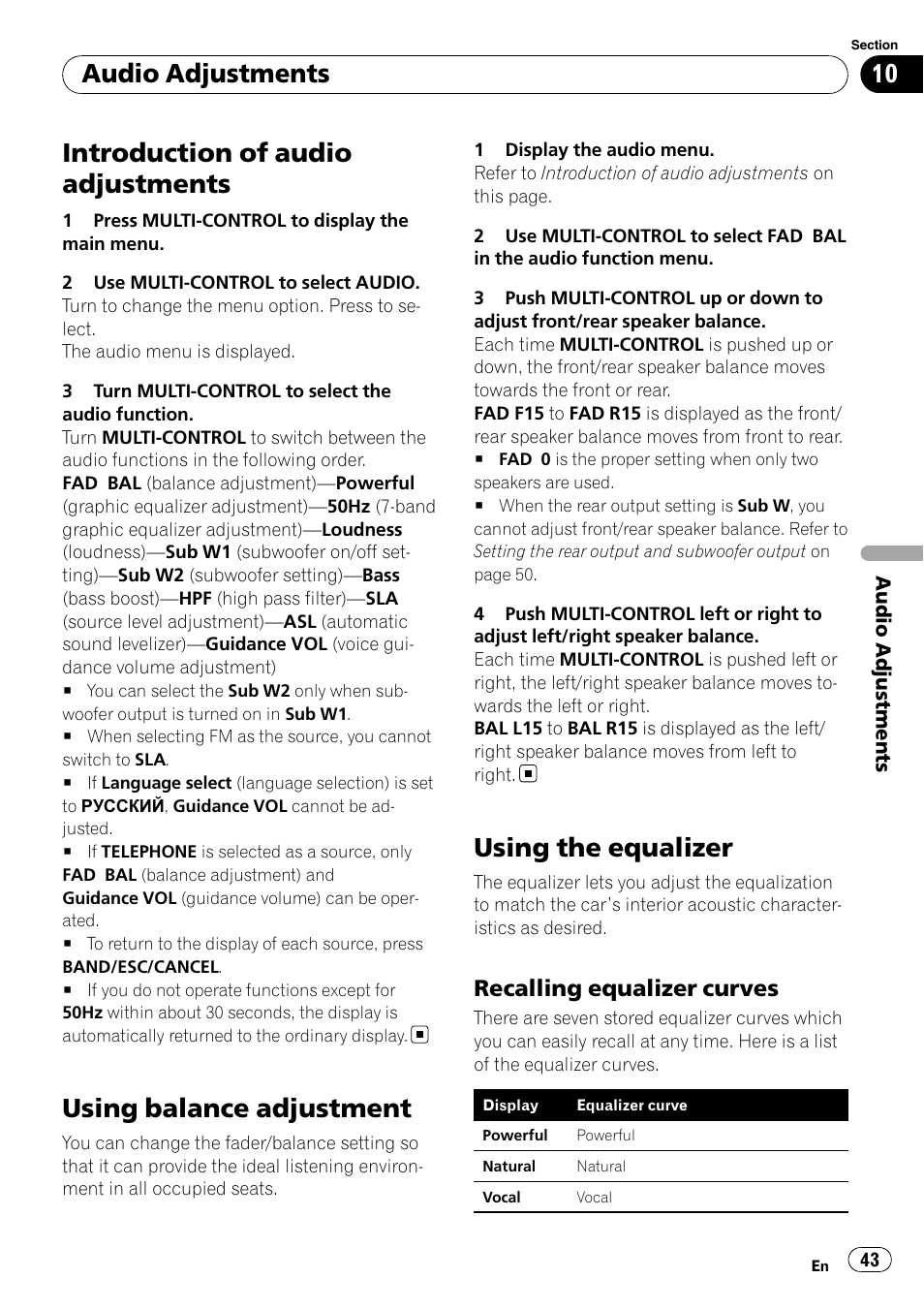 Using balance adjustment, Using the equalizer, Recalling equalizer curves 43 | Introduction of audio adjustments, Audio adjustments, Recalling equalizer curves | Pioneer DEH-P7100BT User Manual | Page 43 / 69