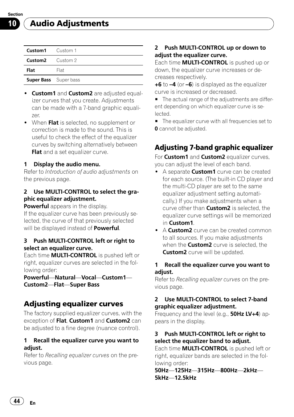 Adjusting equalizer curves 44, Adjusting 7-band graphic equalizer 44, Audio adjustments | Adjusting equalizer curves, Adjusting 7-band graphic equalizer | Pioneer DEH-P7100BT User Manual | Page 44 / 69