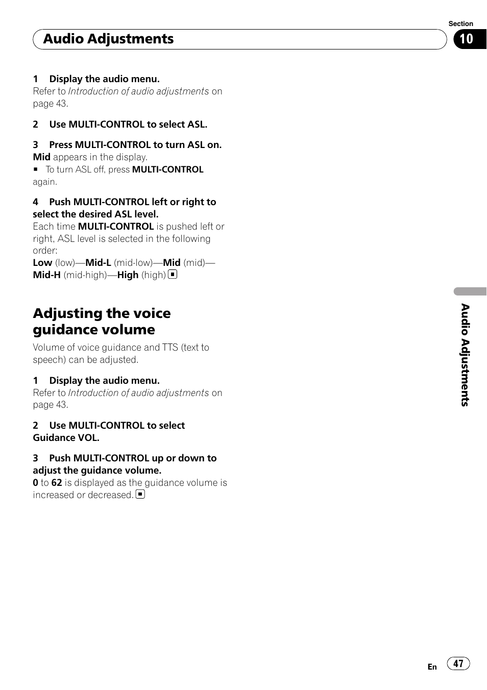 Adjusting the voice guidance volume, Audio adjustments | Pioneer DEH-P7100BT User Manual | Page 47 / 69