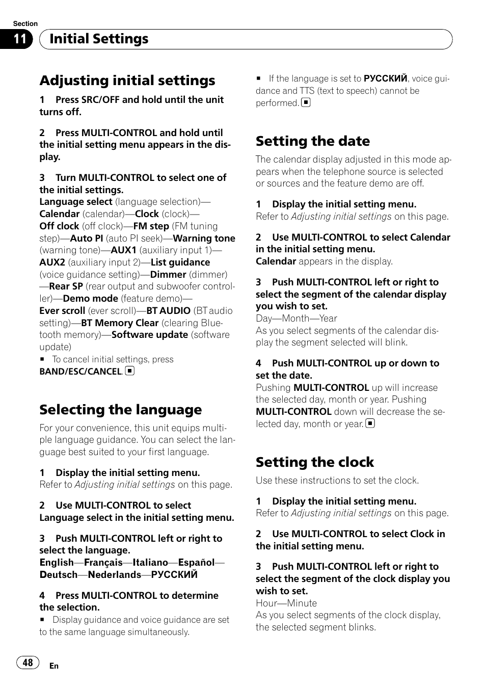 Initial settings adjusting initial settings, Selecting the language, Setting the date | Setting the clock, Adjusting initial settings, Initial settings | Pioneer DEH-P7100BT User Manual | Page 48 / 69