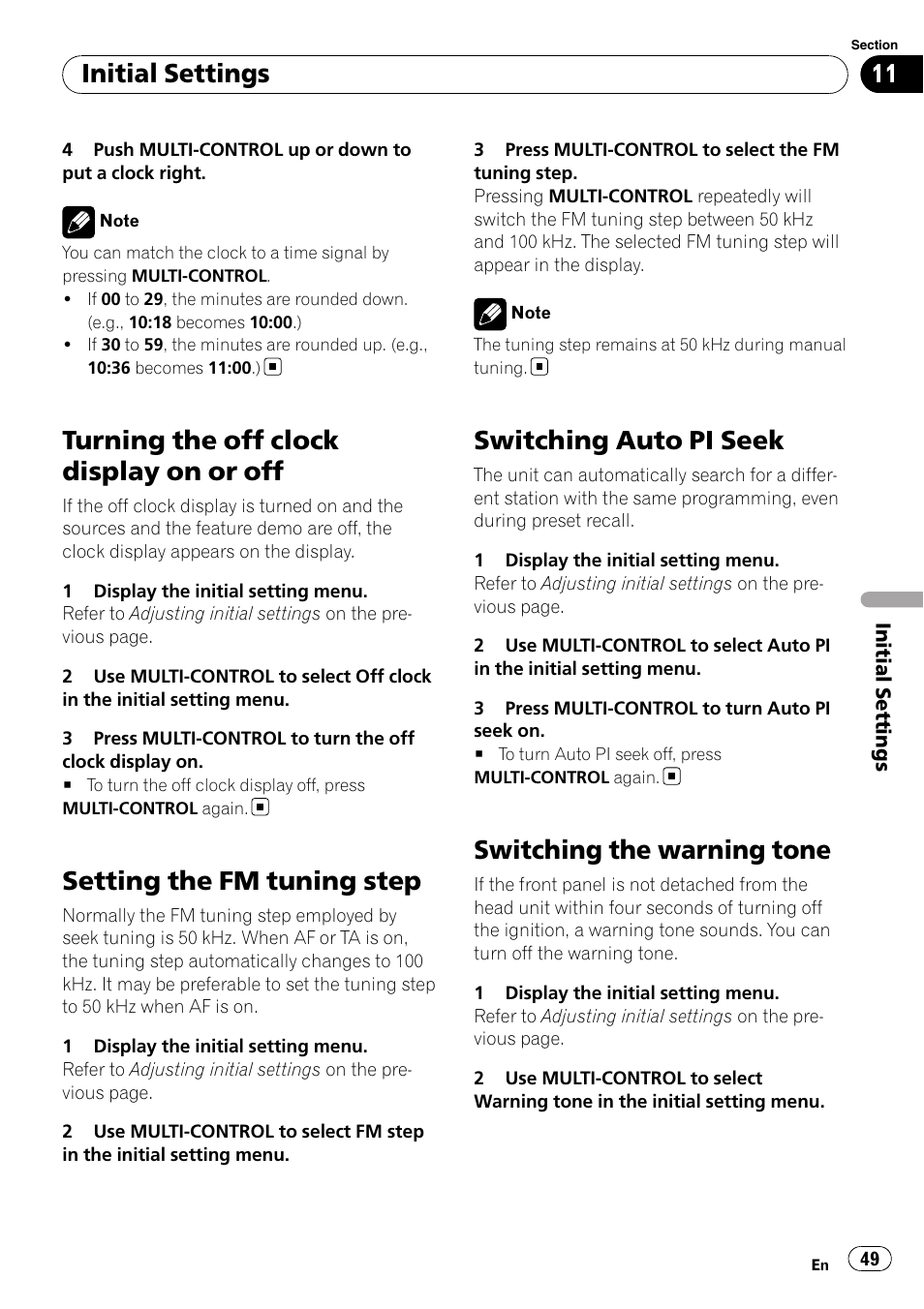 Turning the off clock display on or off, Setting the fm tuning step, Switching auto pi seek | Switching the warning tone, Initial settings | Pioneer DEH-P7100BT User Manual | Page 49 / 69