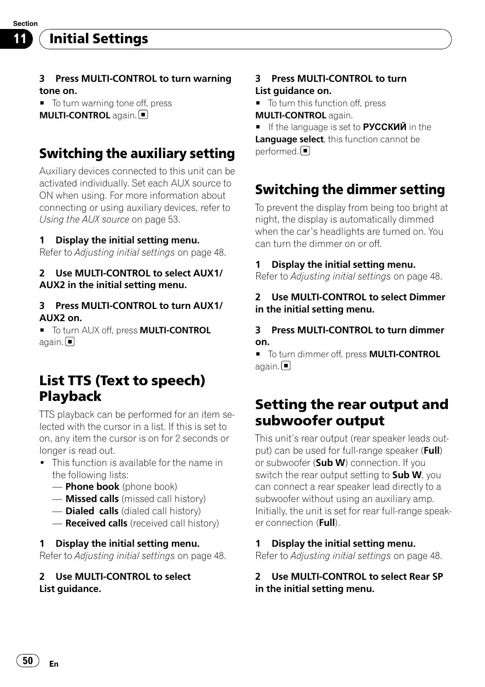 Switching the auxiliary setting, List tts (text to speech) playback, Switching the dimmer setting | Setting the rear output and subwoofer, Output, Setting the rear output and subwoofer output, Initial settings | Pioneer DEH-P7100BT User Manual | Page 50 / 69