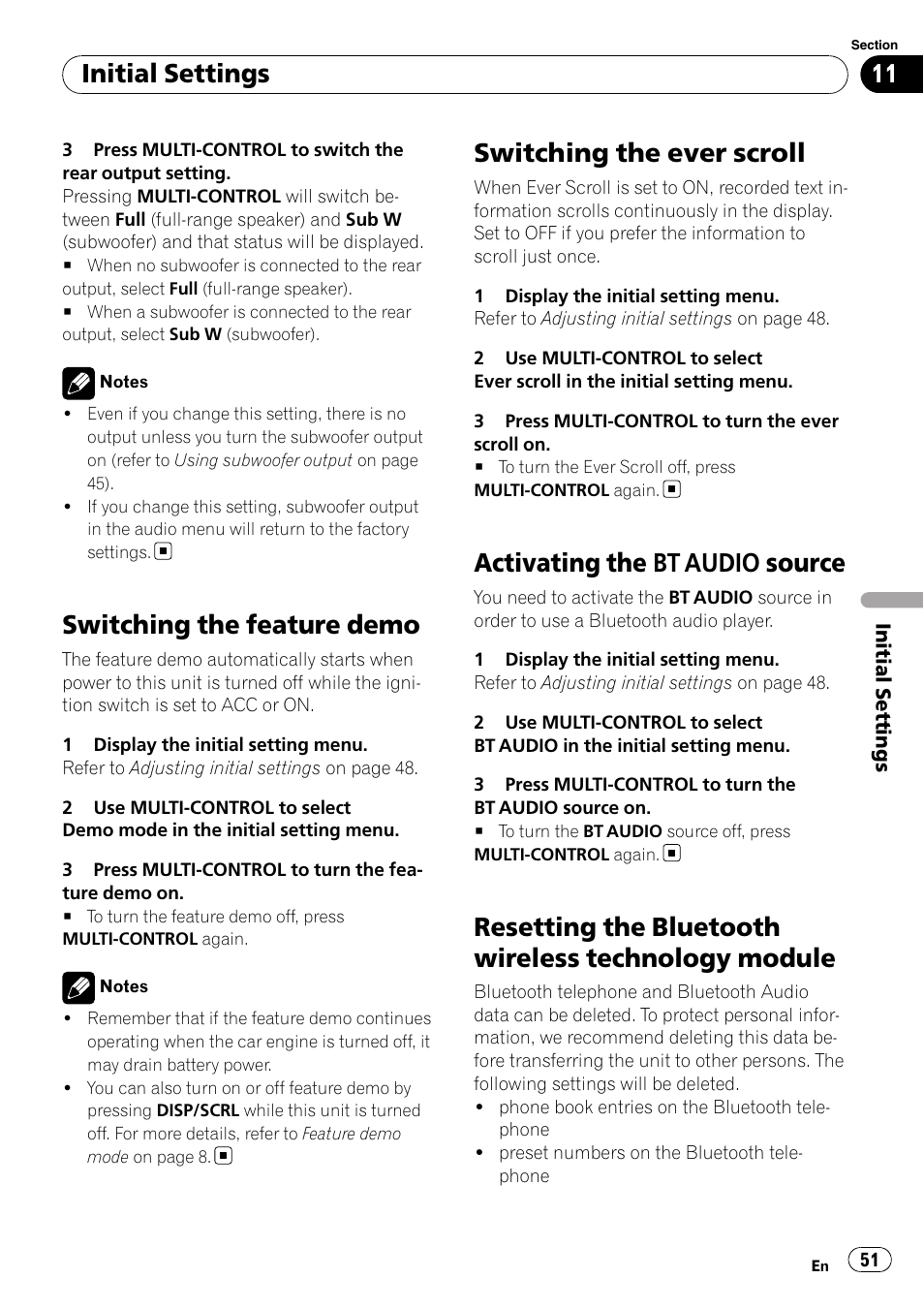 Switching the feature demo, Switching the ever scroll, Activating the bt audio source | Resetting the bluetooth wireless technology, Module, Activating the, Bt audio source, Resetting the bluetooth wireless technology module, Initial settings | Pioneer DEH-P7100BT User Manual | Page 51 / 69