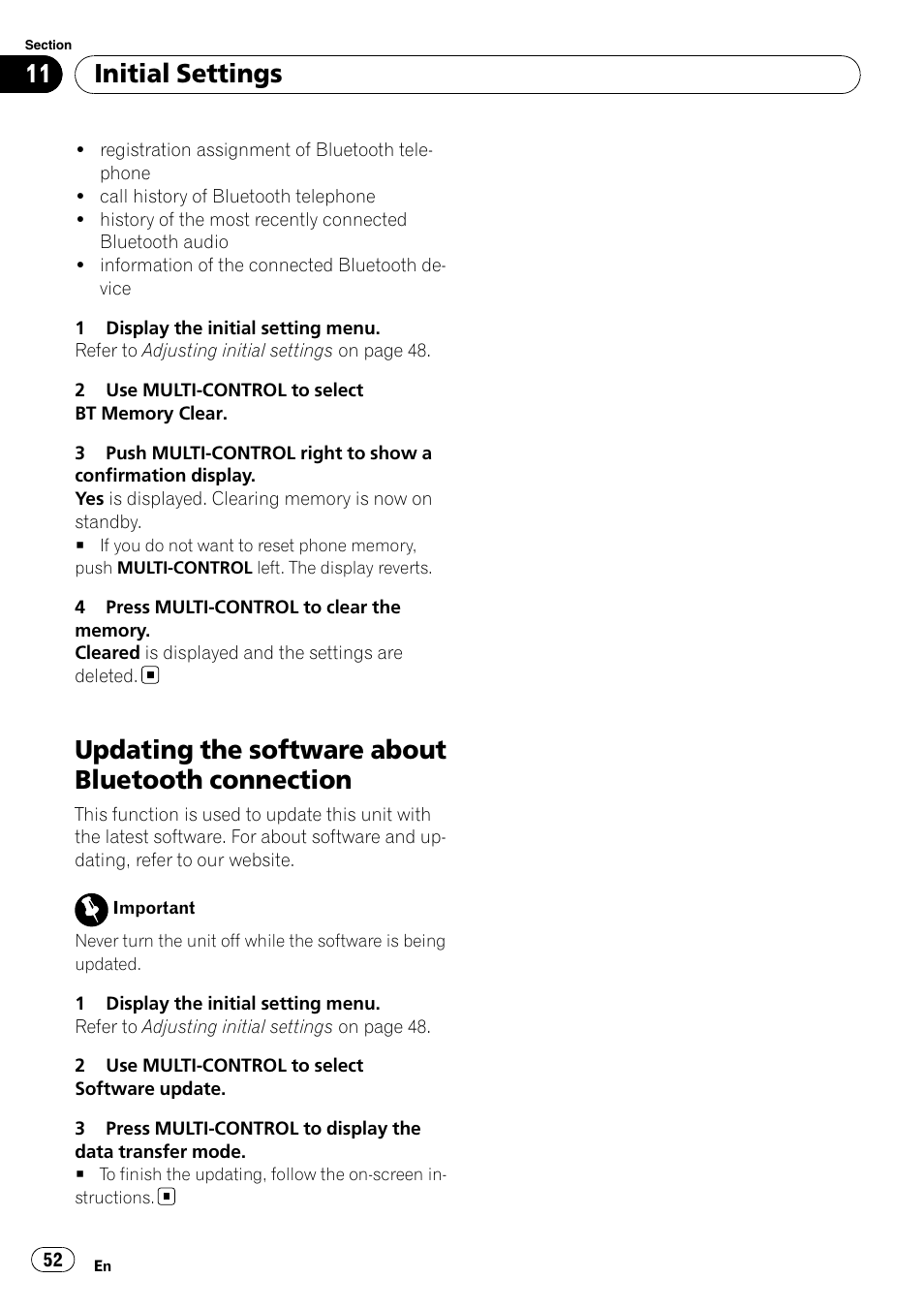 Updating the software about bluetooth, Connection, Updating the software about bluetooth connection | Initial settings | Pioneer DEH-P7100BT User Manual | Page 52 / 69