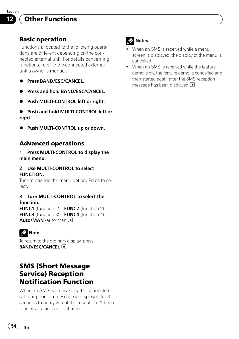 Basic operation 54, Advanced operations 54, Sms (short message service) reception | Notification function, Other functions, Basic operation, Advanced operations | Pioneer DEH-P7100BT User Manual | Page 54 / 69