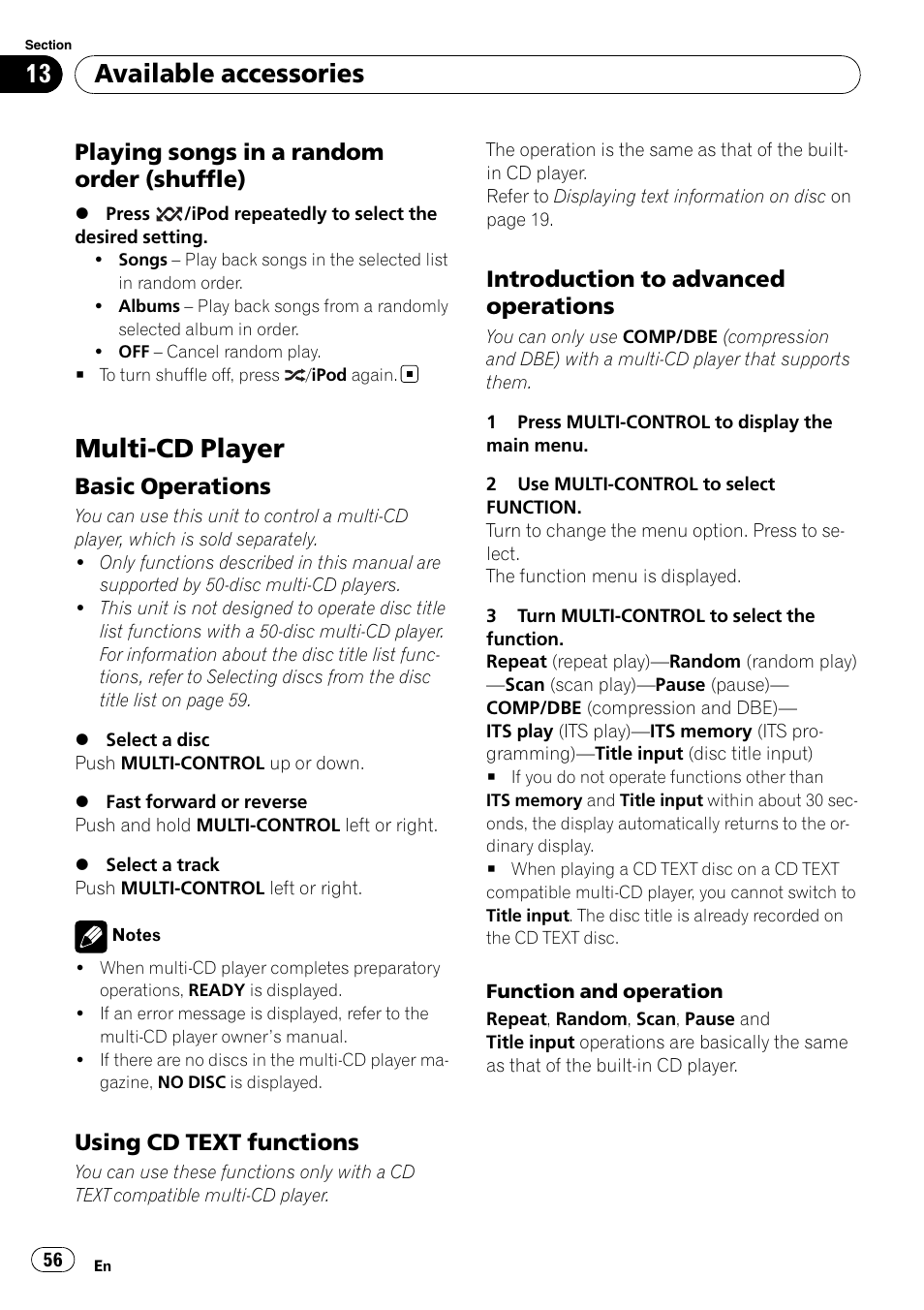 Playing songs in a random order, Shuffle), Multi-cd player | Basic operations 56, Using cd text functions 56, Introduction to advanced, Operations, Available accessories, Playing songs in a random order (shuffle), Basic operations | Pioneer DEH-P7100BT User Manual | Page 56 / 69