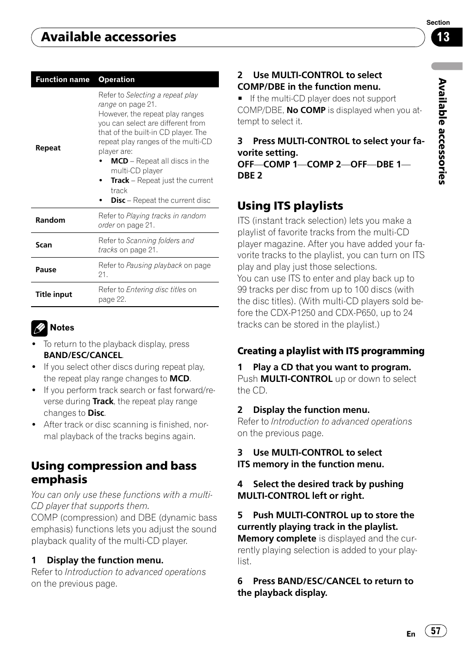 Using compression and bass, Emphasis, Using its playlists 57 | Available accessories, Using compression and bass emphasis, Using its playlists | Pioneer DEH-P7100BT User Manual | Page 57 / 69