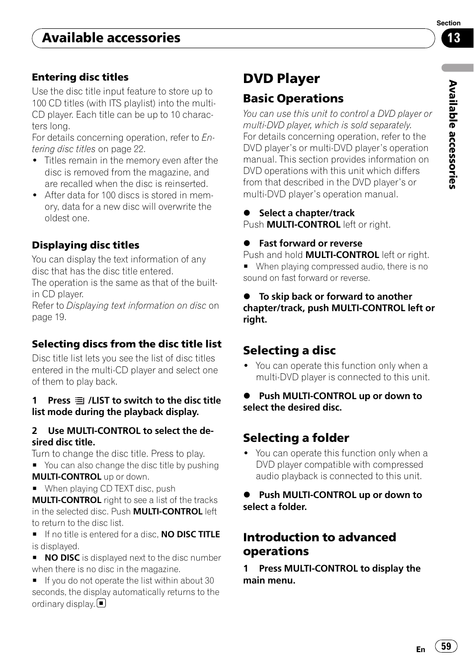Dvd player, Basic operations 59, Selecting a disc 59 | Selecting a folder 59, Introduction to advanced, Operations, Available accessories | Pioneer DEH-P7100BT User Manual | Page 59 / 69