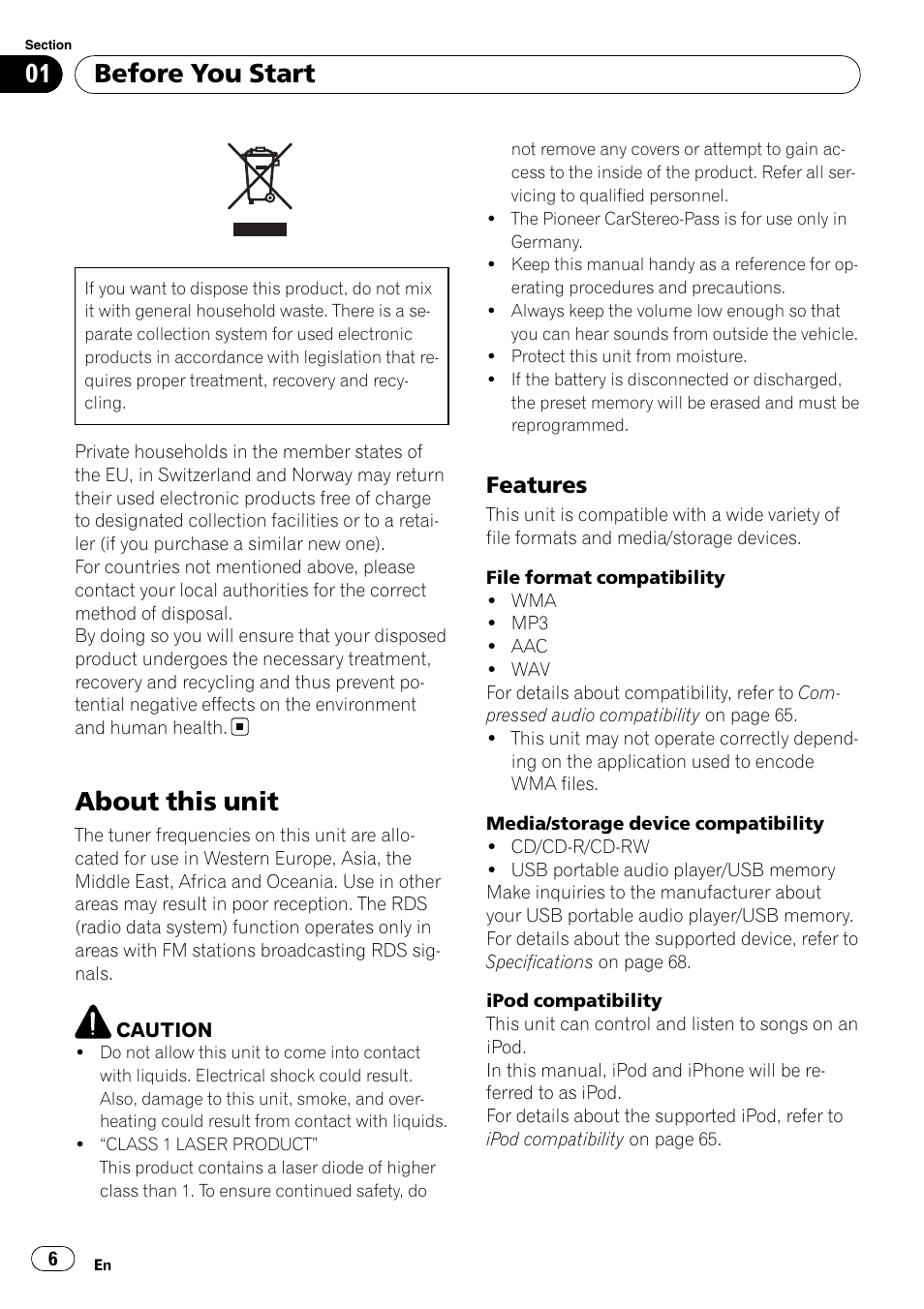 Before you start, About this unit, Features 6 | Features | Pioneer DEH-P7100BT User Manual | Page 6 / 69
