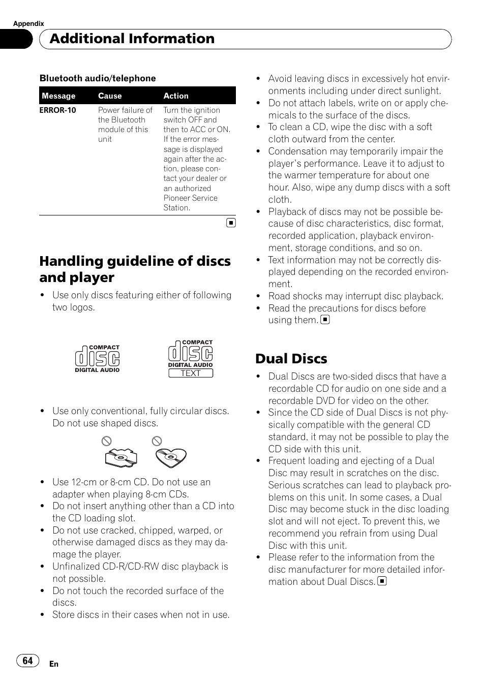 Handling guideline of discs and player, Dual discs, Additional information | Pioneer DEH-P7100BT User Manual | Page 64 / 69