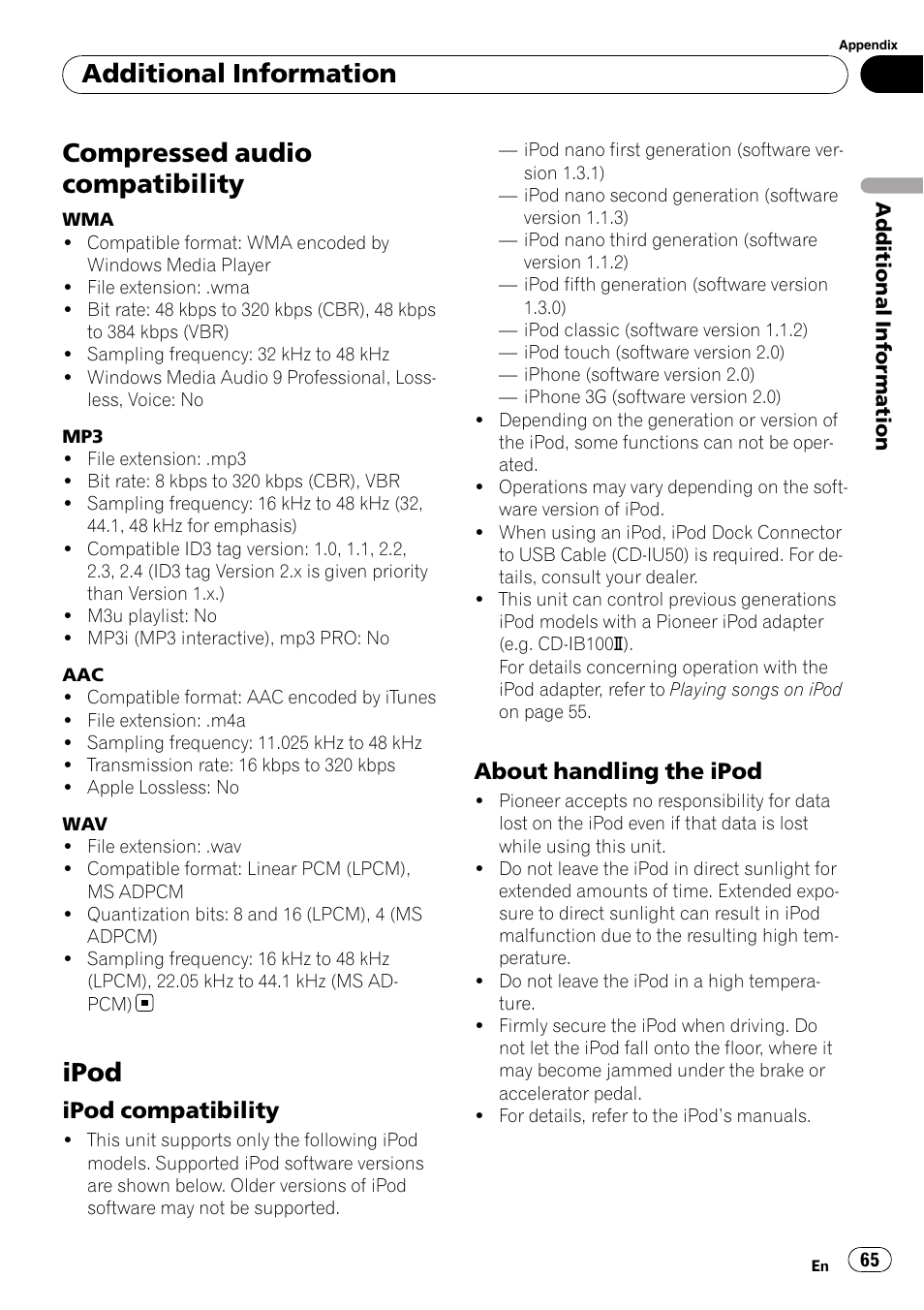 Compressed audio compatibility, Ipod, Ipod compatibility 65 | About handling the ipod 65, Additional information, Ipod compatibility, About handling the ipod | Pioneer DEH-P7100BT User Manual | Page 65 / 69