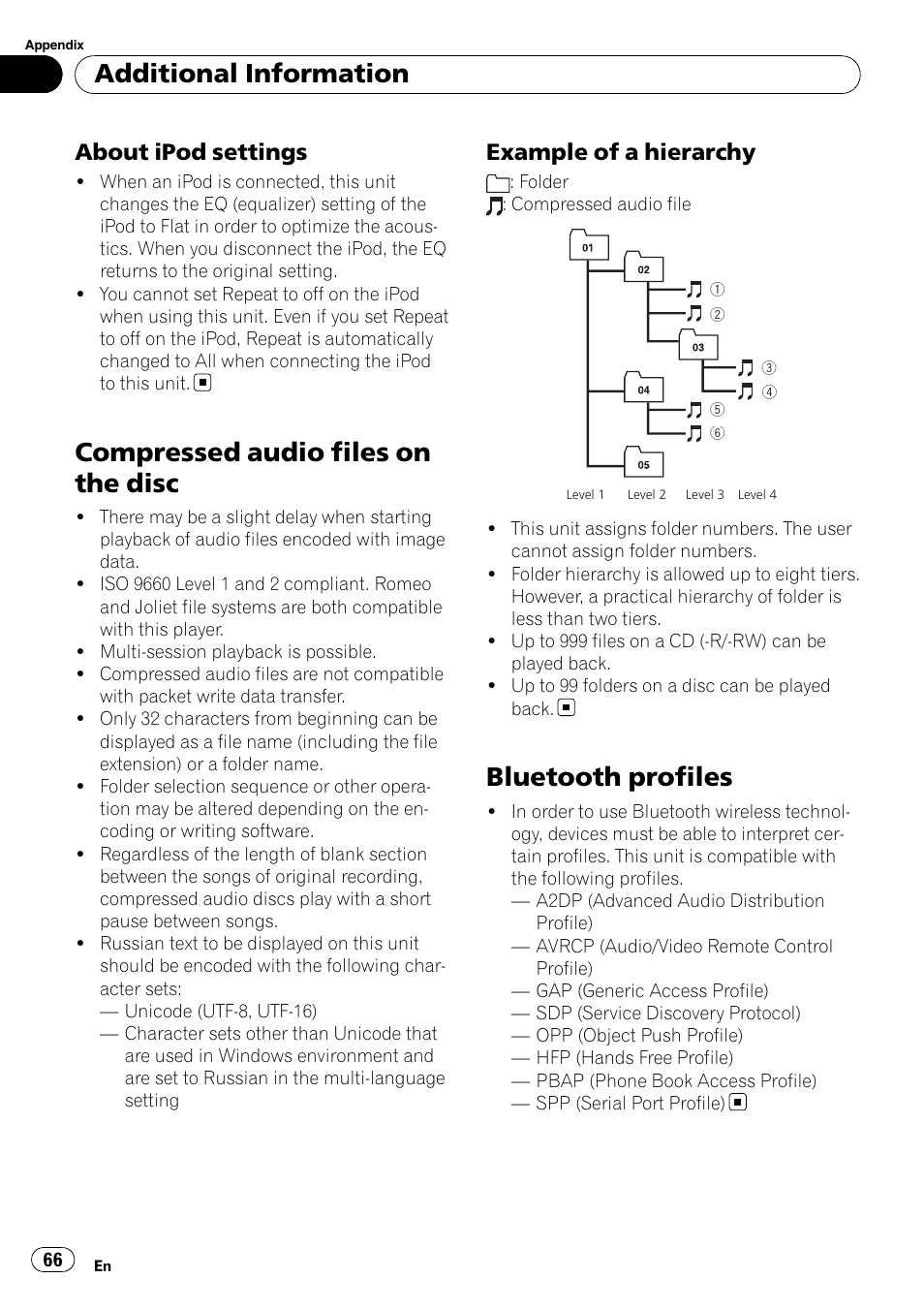 About ipod settings 66, Compressed audio files on the disc, Example of a hierarchy 66 | Bluetooth profiles, Additional information, About ipod settings, Example of a hierarchy | Pioneer DEH-P7100BT User Manual | Page 66 / 69