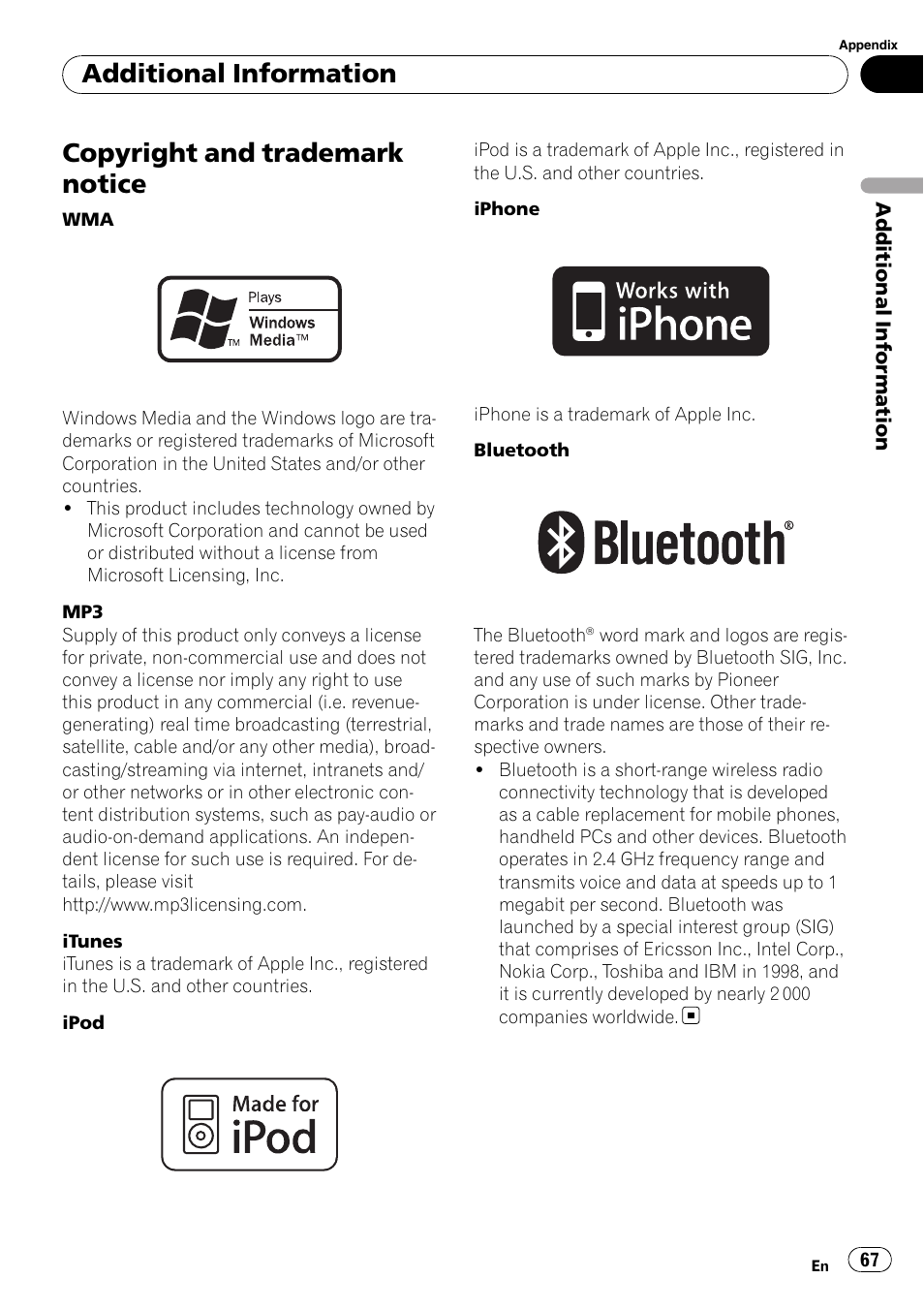 Copyright and trademark notice, Additional information | Pioneer DEH-P7100BT User Manual | Page 67 / 69