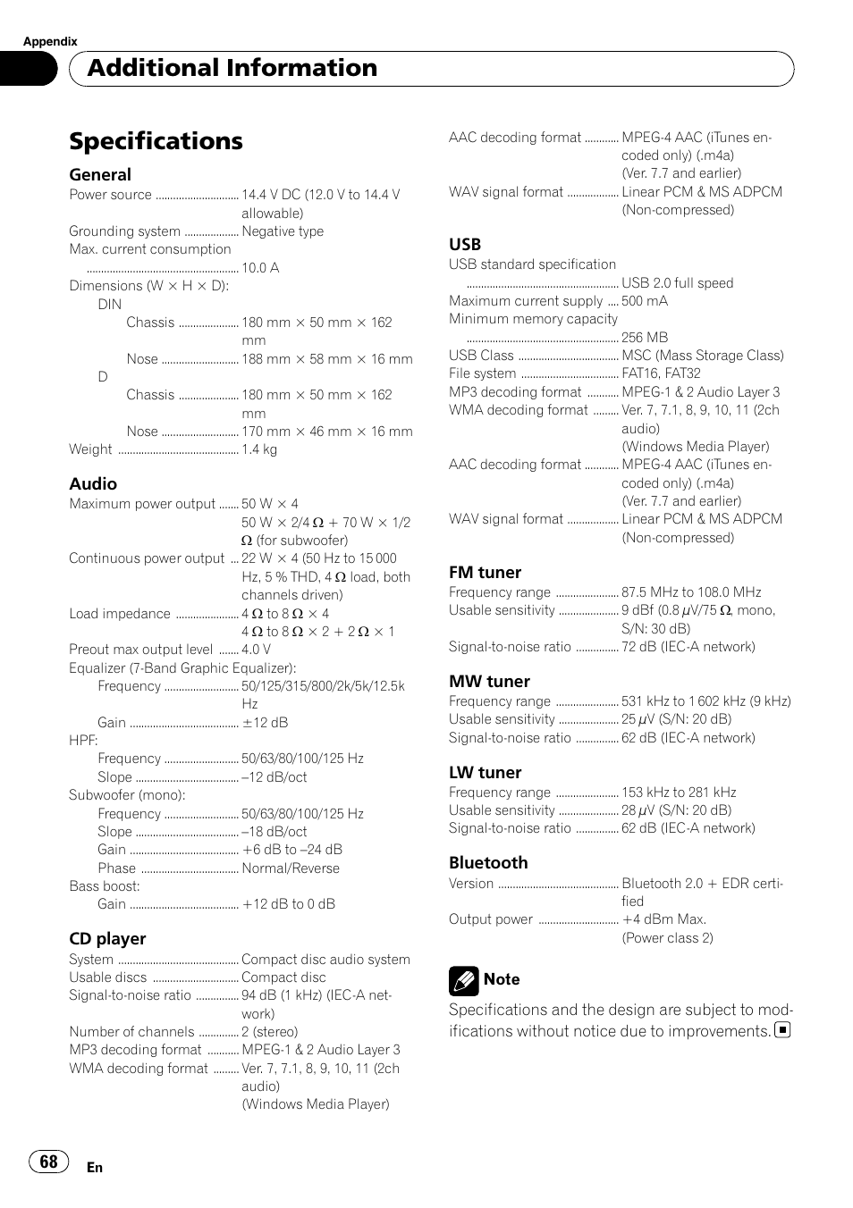 Specifications, Additional information | Pioneer DEH-P7100BT User Manual | Page 68 / 69
