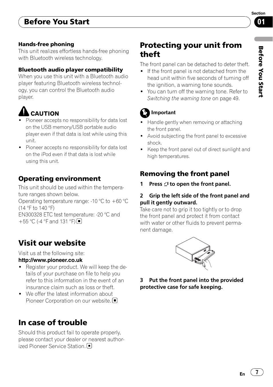 Operating environment 7, Visit our website, In case of trouble | Protecting your unit from theft, Removing the front panel 7, Before you start | Pioneer DEH-P7100BT User Manual | Page 7 / 69
