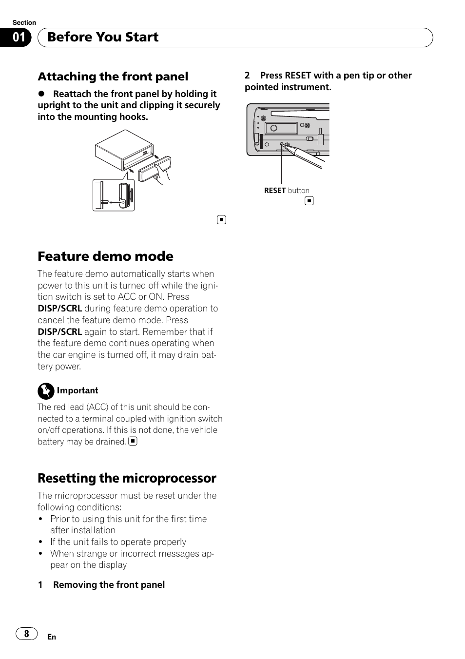 Attaching the front panel 8, Feature demo mode, Resetting the microprocessor | Before you start | Pioneer DEH-P7100BT User Manual | Page 8 / 69