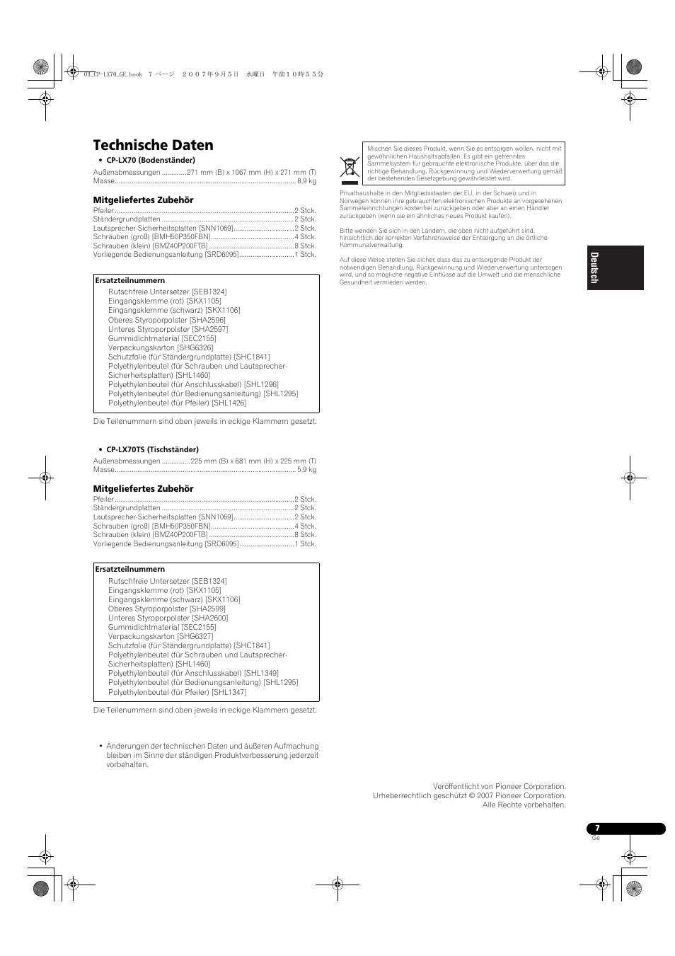 Technische daten | Pioneer CP-LX70 User Manual | Page 19 / 74