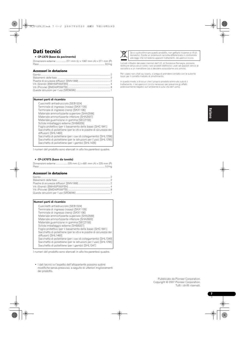 Dati tecnici | Pioneer CP-LX70 User Manual | Page 25 / 74