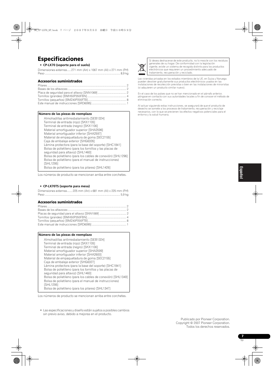 Especificaciones | Pioneer CP-LX70 User Manual | Page 37 / 74