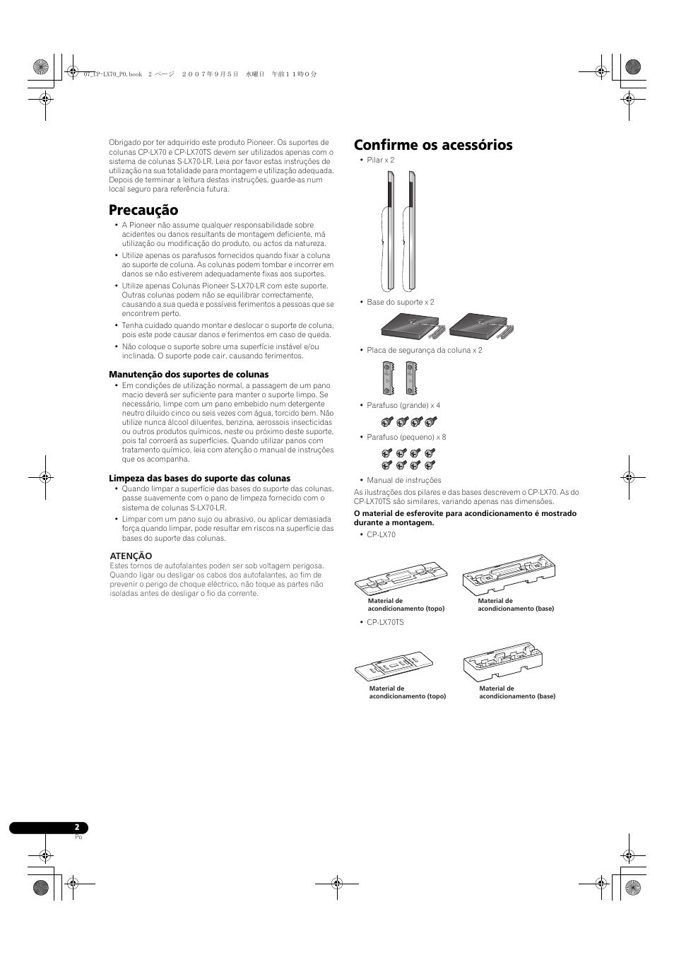 Suporte para colunas, Precaução, Confirme os acessórios | Pioneer CP-LX70 User Manual | Page 38 / 74