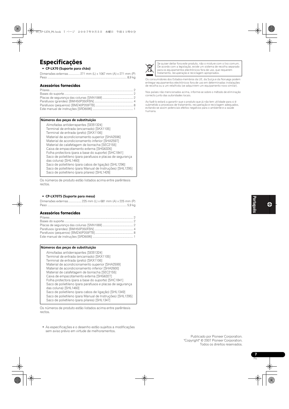 Especificações | Pioneer CP-LX70 User Manual | Page 43 / 74