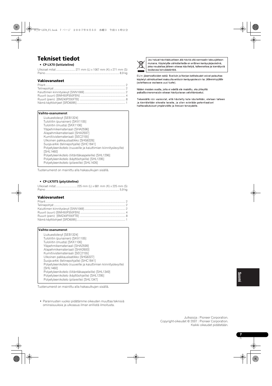 Tekniset tiedot | Pioneer CP-LX70 User Manual | Page 67 / 74