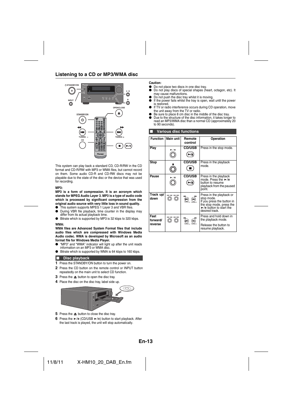 Listening to a cd or mp3/wma disc, En-13 | Pioneer X-HM20DAB-K User Manual | Page 13 / 28