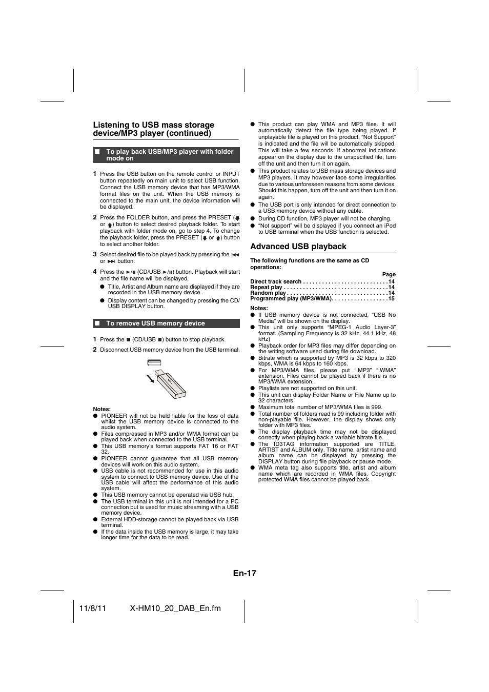 Advanced usb playback, En-17 | Pioneer X-HM20DAB-K User Manual | Page 17 / 28