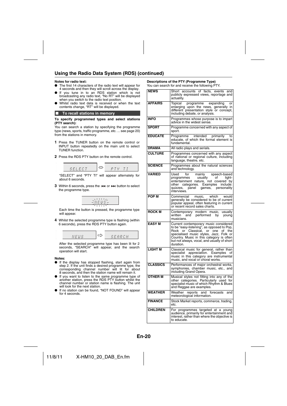 En-20, Using the radio data system (rds) (continued) | Pioneer X-HM20DAB-K User Manual | Page 20 / 28