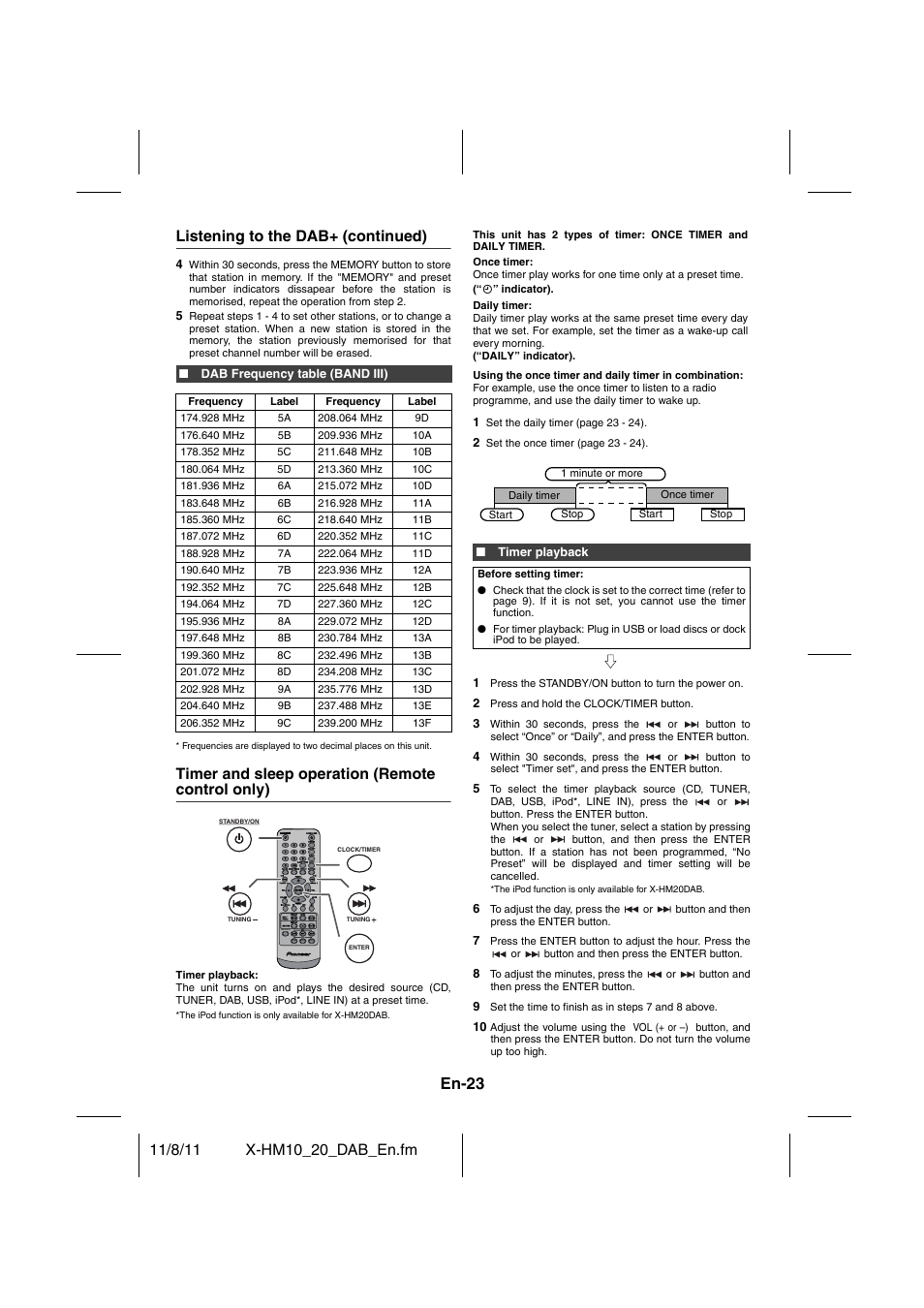 En-23, Listening to the dab+ (continued), Timer and sleep operation (remote control only) | Pioneer X-HM20DAB-K User Manual | Page 23 / 28