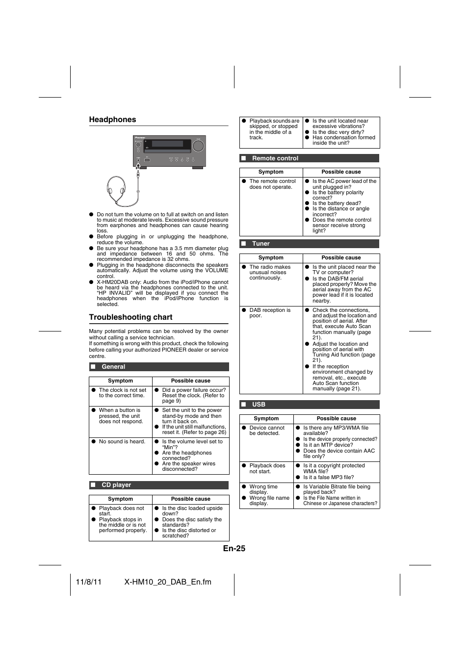 Headphones, Troubleshooting chart - 26, En-25 | Troubleshooting chart | Pioneer X-HM20DAB-K User Manual | Page 25 / 28