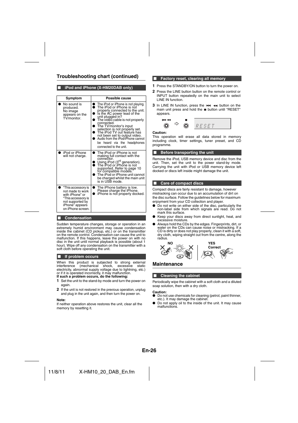 Maintenance, En-26, Troubleshooting chart (continued) | Pioneer X-HM20DAB-K User Manual | Page 26 / 28