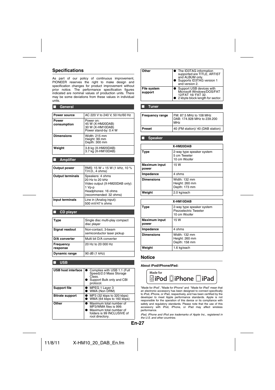 Specifications notice, En-27, Specifications | Notice | Pioneer X-HM20DAB-K User Manual | Page 27 / 28