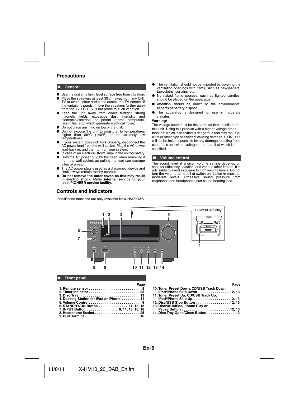 Precautions controls and indicators - 6, En-5, Precautions | Controls and indicators | Pioneer X-HM20DAB-K User Manual | Page 5 / 28