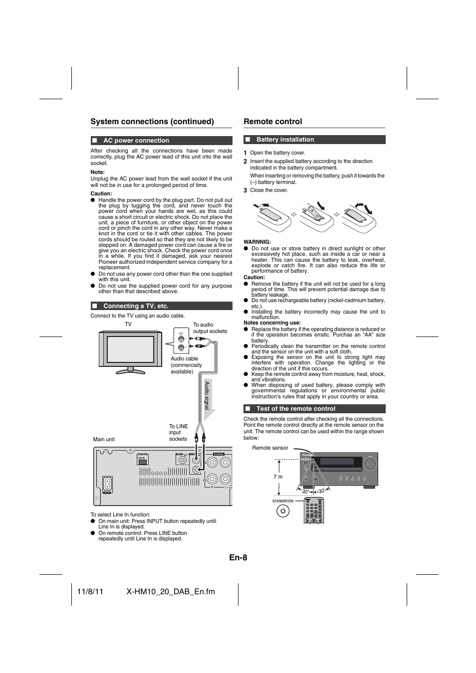 Remote control, En-8, System connections (continued) | Pioneer X-HM20DAB-K User Manual | Page 8 / 28