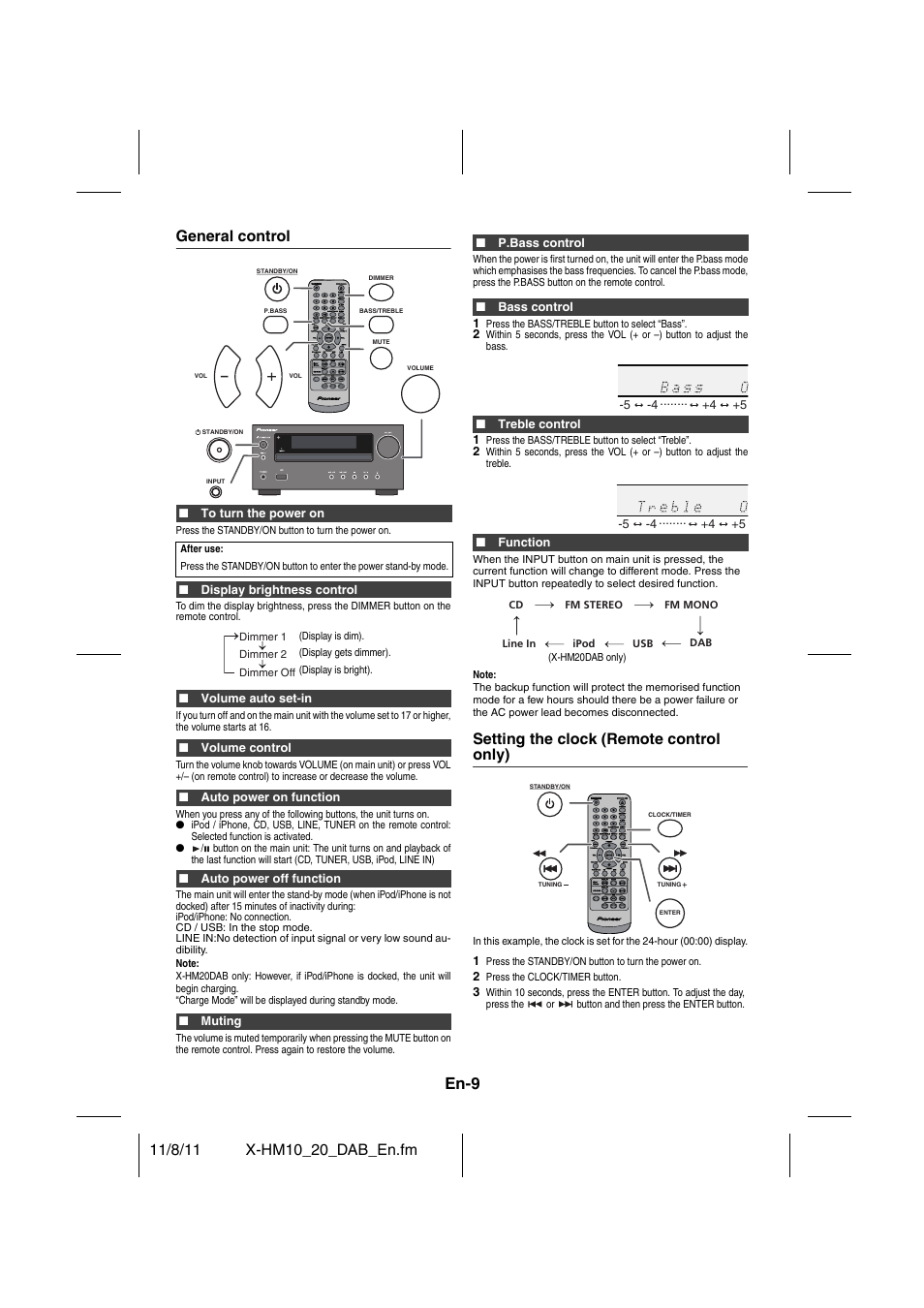 En-9, General control, Setting the clock (remote control only) | Pioneer X-HM20DAB-K User Manual | Page 9 / 28