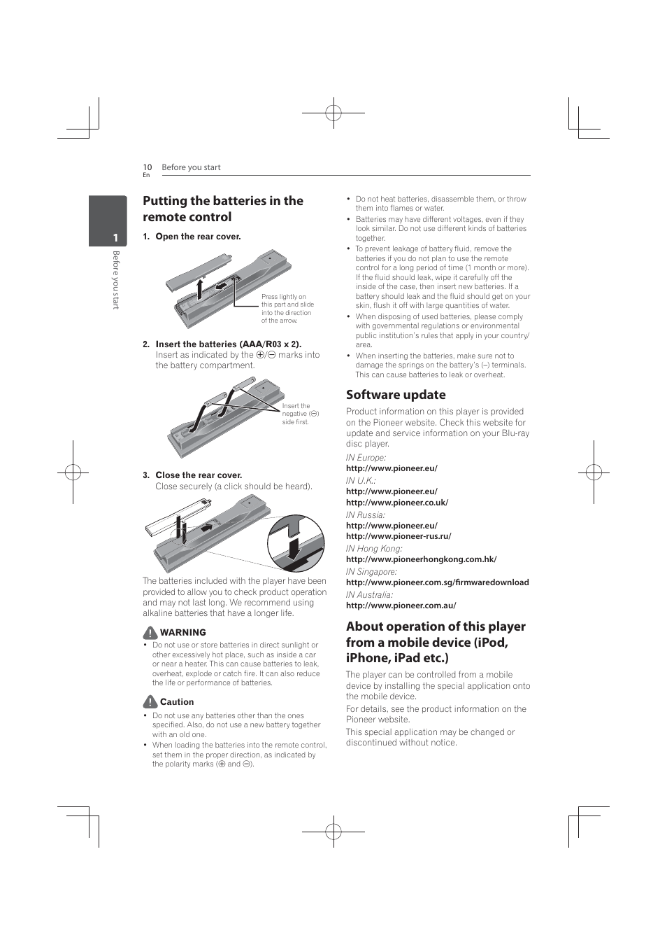 Putting the batteries in the remote control, Software, Update | Software update | Pioneer MCS-FS131 User Manual | Page 10 / 576