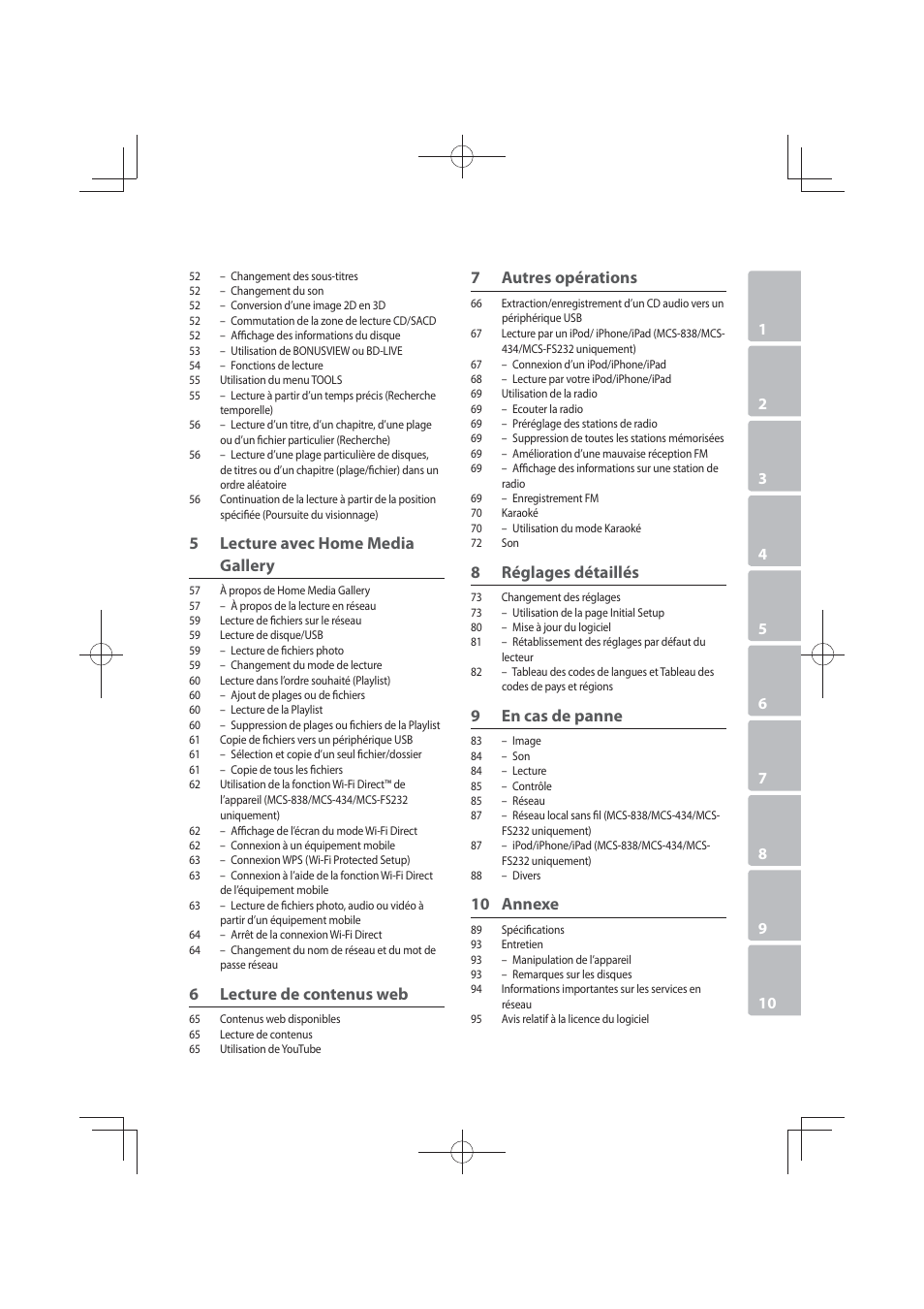 5lecture avec home media gallery, 6lecture de contenus web, 7 autres opérations | 8 réglages détaillés, 9en cas de panne, 10 annexe | Pioneer MCS-FS131 User Manual | Page 101 / 576