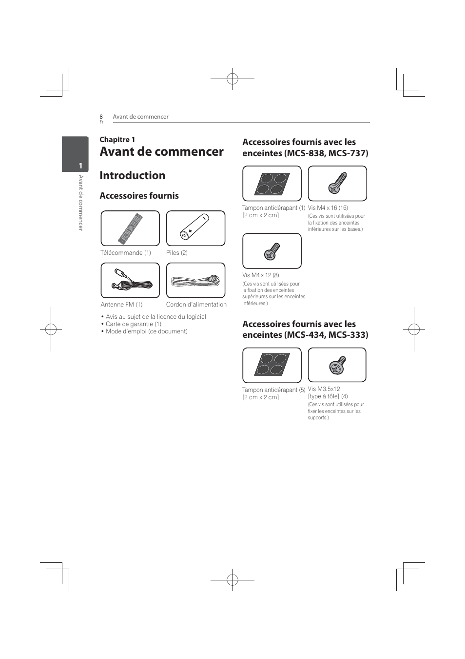Avant de commencer, 8 introduction 8, Accessoires | Fournis, Introduction, Accessoires fournis | Pioneer MCS-FS131 User Manual | Page 102 / 576