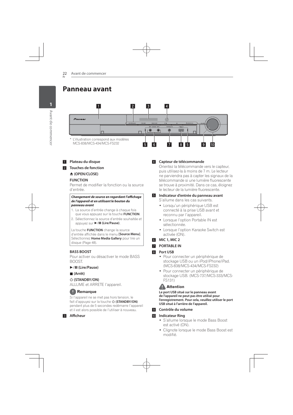 22 panneau, Avant, Panneau avant | Pioneer MCS-FS131 User Manual | Page 116 / 576