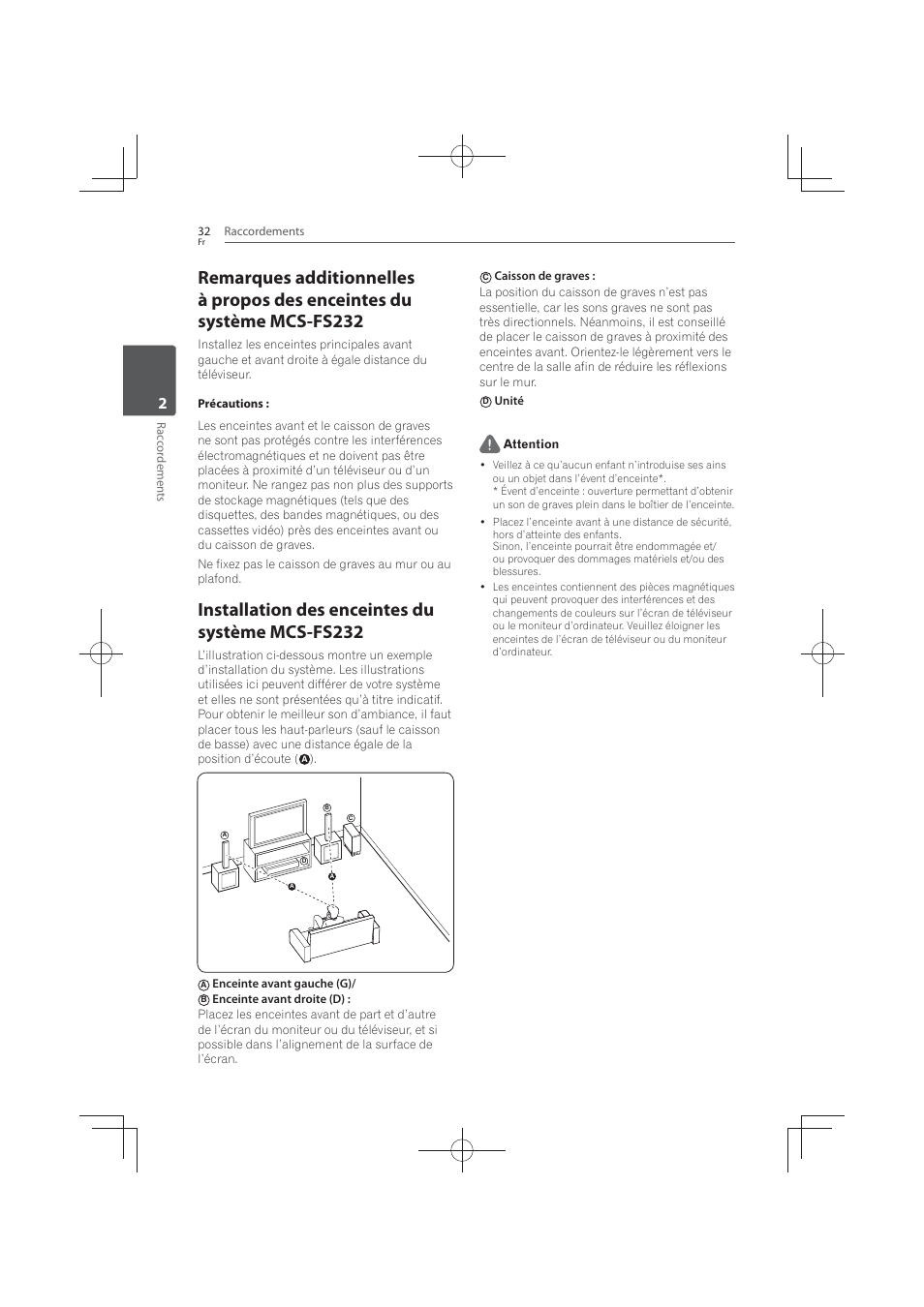 Installation des enceintes du système mcs- fs232, Installation des enceintes du système mcs-fs232 | Pioneer MCS-FS131 User Manual | Page 126 / 576